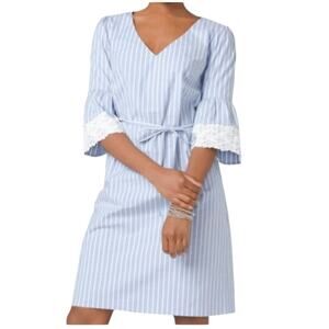 Westport V Neck Bell Sleeve Dress Blue White Stripe Crochet Lace Sleeve Size 20